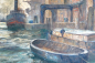 Preview: Großes Original Ölgemälde Albert Wenk (1863-1934) – Hafenszene mit Schiffen – 105,5x84,5 cm