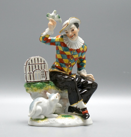 Meissen Figur Harlekin mit Vogel & Katze – Modell 456 – Knaufzeit (1860-1924) 1 Wahl.