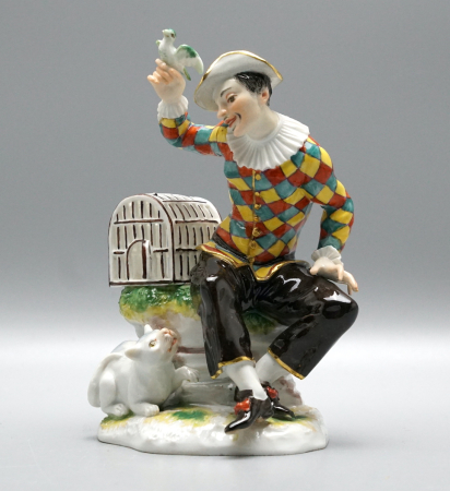 Preview: Meissen Figur Harlekin mit Vogel & Katze – Modell 456 – Knaufzeit (1860-1924) 1 Wahl.