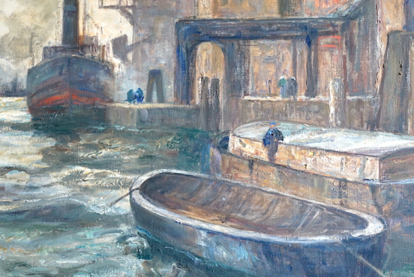 Preview: Großes Original Ölgemälde Albert Wenk (1863-1934) – Hafenszene mit Schiffen – 105,5x84,5 cm