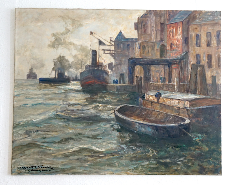 Großes Original Ölgemälde Albert Wenk (1863-1934) – Hafenszene mit Schiffen – 105,5x84,5 cm